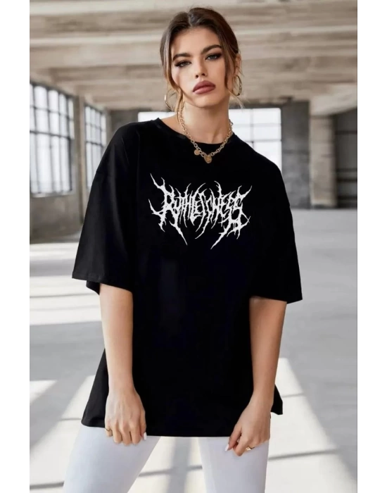 Unisex Bisiklet Yaka Baskılı Oversize T-Shirt - Siyah