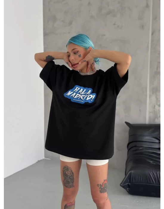 Unisex Bisiklet Yaka Baskılı Oversize T-Shirt - Siyah