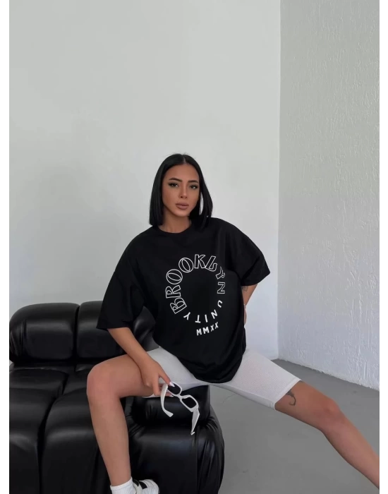 Unisex Bisiklet Yaka Baskılı Oversize T-Shirt - Siyah