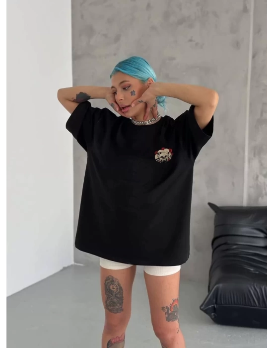 Unisex Bisiklet Yaka Baskılı Oversize T-Shirt - Siyah