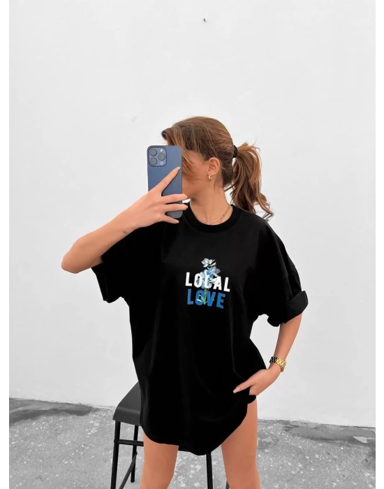 Unisex Bisiklet Yaka Baskılı Oversize T-Shirt - Siyah