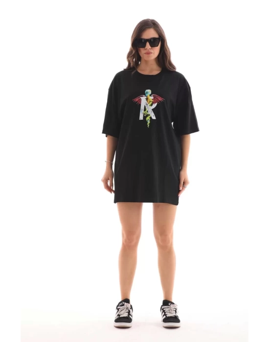 Unisex Bisiklet Yaka Baskılı Oversize T-Shirt - Siyah