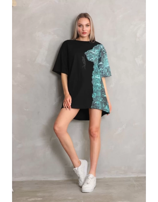 Unisex Bisiklet Yaka Baskılı Oversize T-Shirt - Siyah