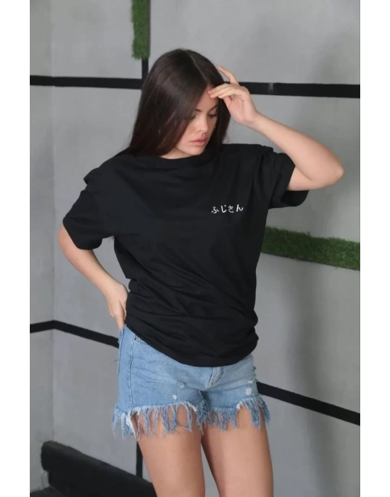 Unisex Bisiklet Yaka Baskılı Oversize T-Shirt - Siyah