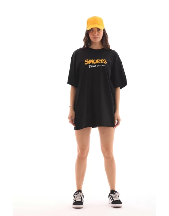 Unisex Bisiklet Yaka Baskılı Oversize T-Shirt - Siyah