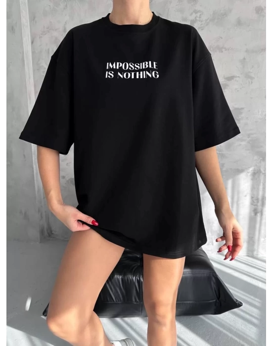 Unisex Bisiklet Yaka Baskılı Oversize T-Shirt - Siyah