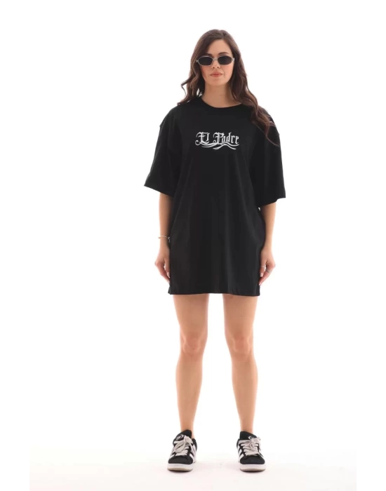 Unisex Bisiklet Yaka Baskılı Oversize T-Shirt - Siyah