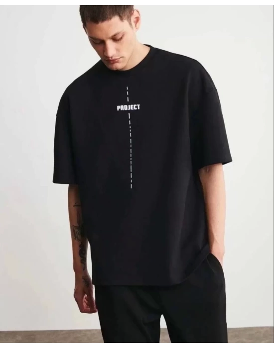 Unisex Bisiklet Yaka Baskılı Oversize T-Shirt - Siyah