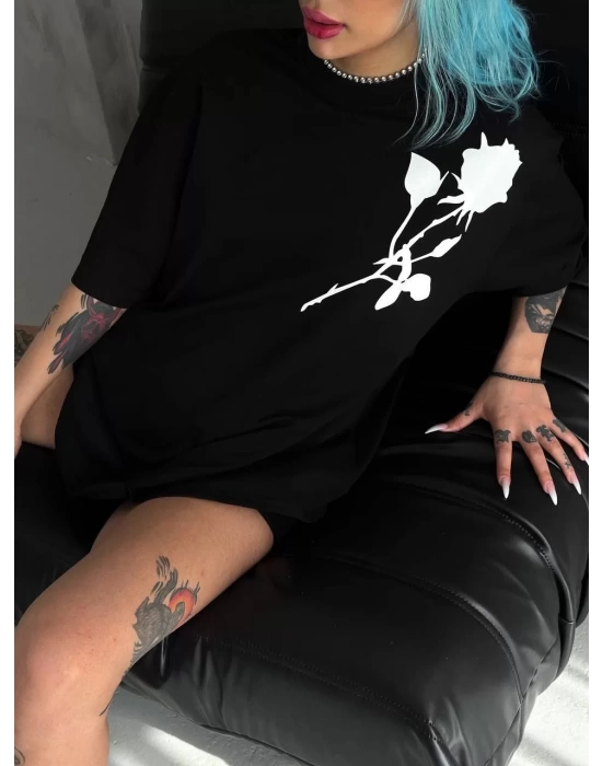 Unisex Bisiklet Yaka Baskılı Oversize T-Shirt - Siyah