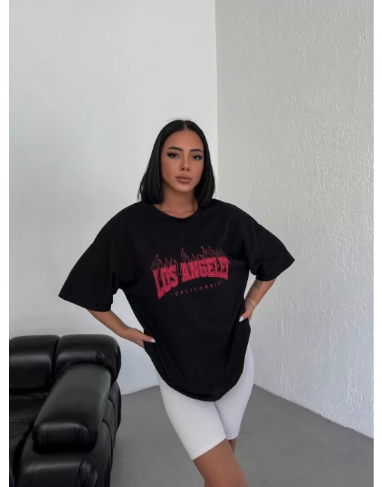 Unisex Bisiklet Yaka Baskılı Oversize T-Shirt - Siyah