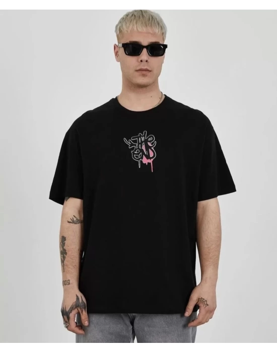 Unisex Bisiklet Yaka Baskılı Oversize T-Shirt - Siyah