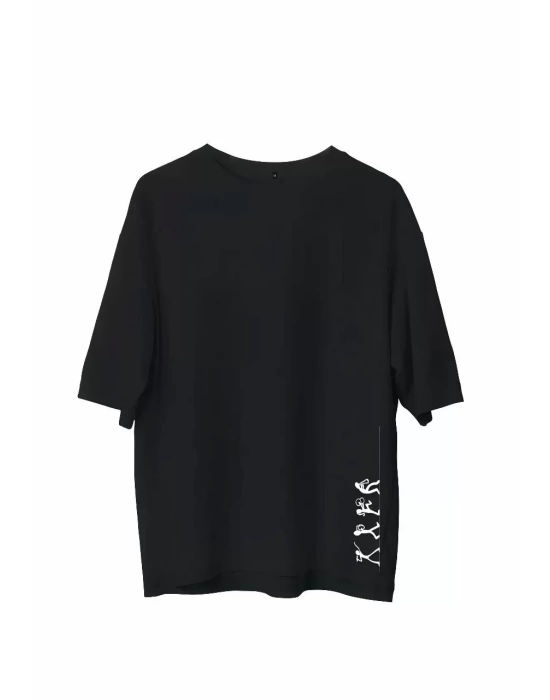 Unisex Bisiklet Yaka Baskılı Oversize T-Shirt - Siyah