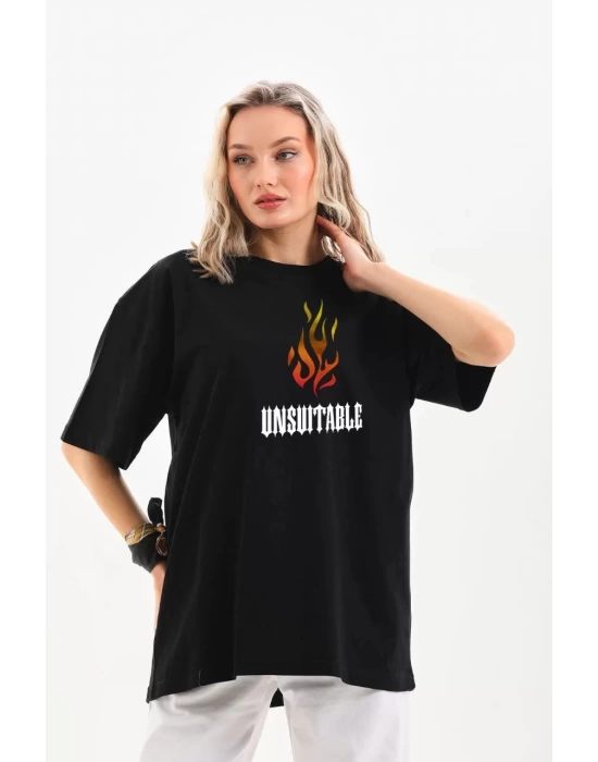 Unisex Bisiklet Yaka Baskılı Oversize T-Shirt - Siyah