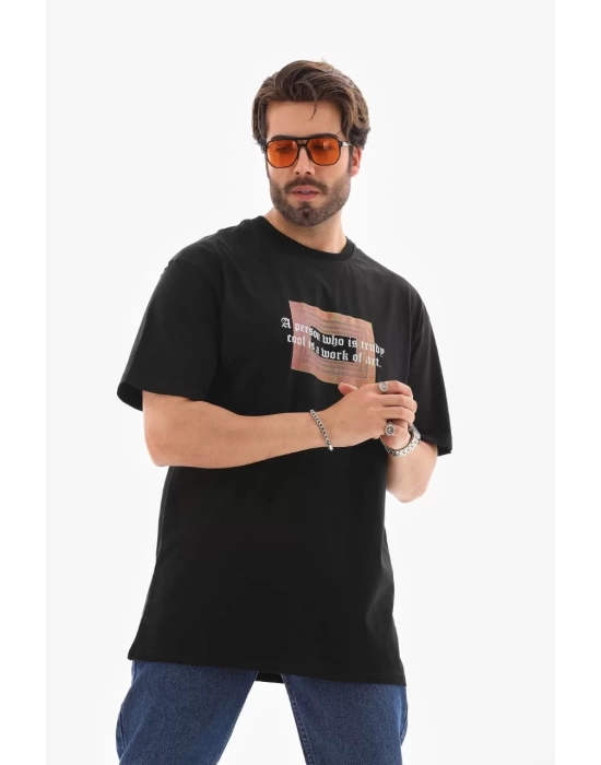 Unisex Bisiklet Yaka Baskılı Oversize T-Shirt - Siyah