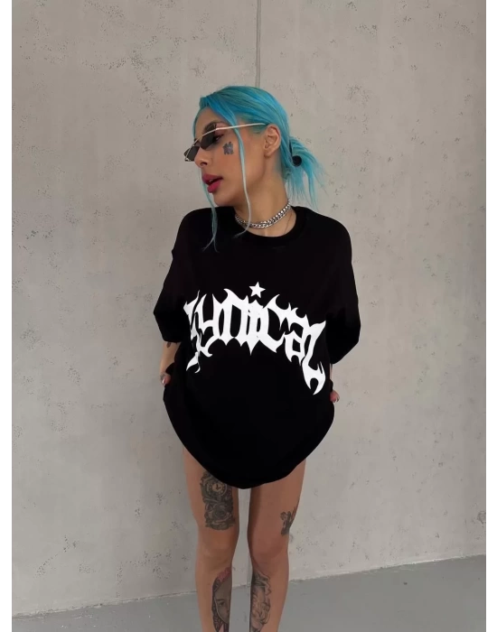 Unisex Bisiklet Yaka Baskılı Oversize T-Shirt - Siyah