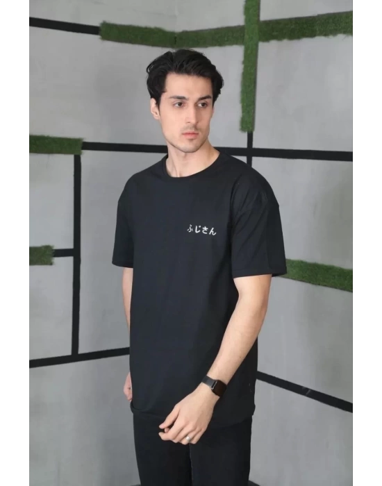 Unisex Bisiklet Yaka Baskılı Oversize T-Shirt - Siyah