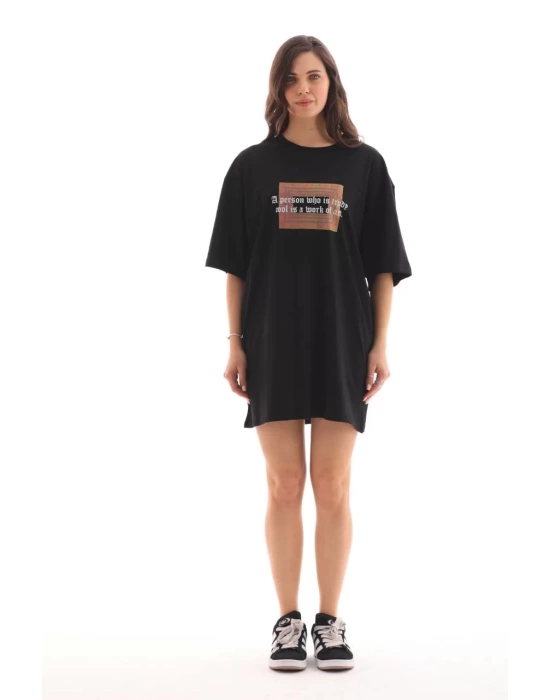 Unisex Bisiklet Yaka Baskılı Oversize T-Shirt - Siyah