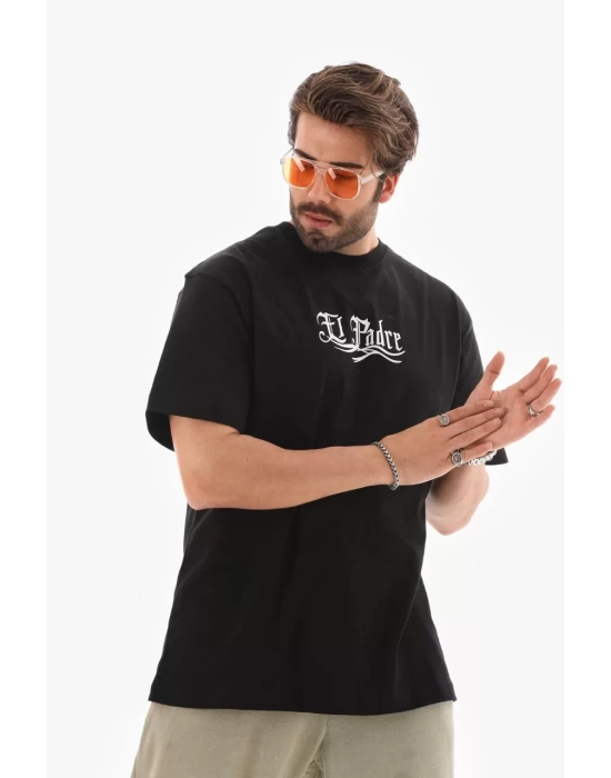 Unisex Bisiklet Yaka Baskılı Oversize T-Shirt - Siyah