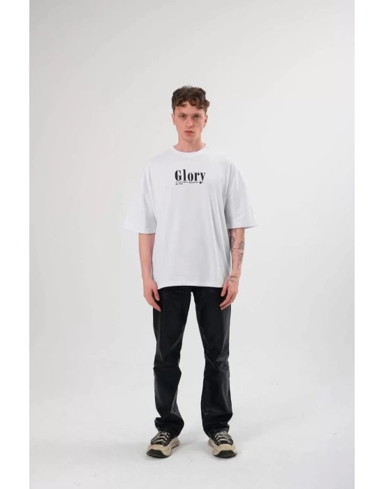 Unisex Bisiklet Yaka Baskılı Oversize T-Shirt - Siyah