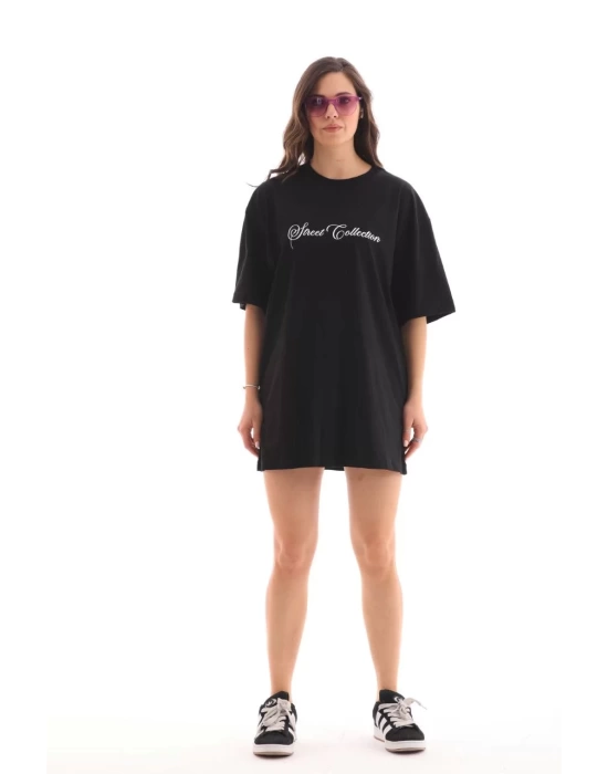 Unisex Bisiklet Yaka Baskılı Oversize T-Shirt - Siyah