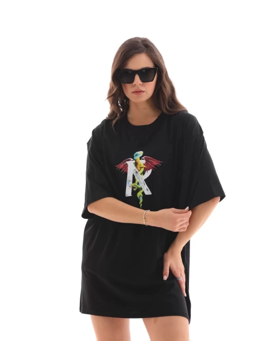 Unisex Bisiklet Yaka Baskılı Oversize T-Shirt - Siyah