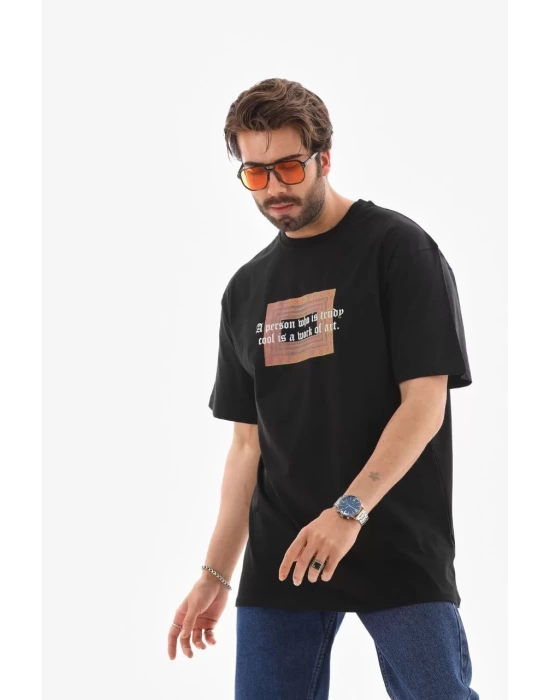 Unisex Bisiklet Yaka Baskılı Oversize T-Shirt - Siyah