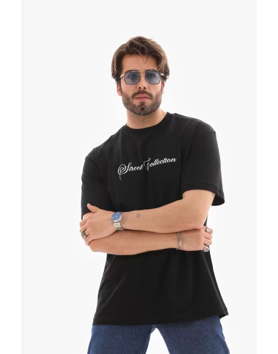 Unisex Bisiklet Yaka Baskılı Oversize T-Shirt - Siyah