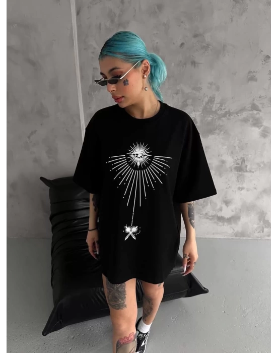 Unisex Bisiklet Yaka Baskılı Oversize T-Shirt - Siyah