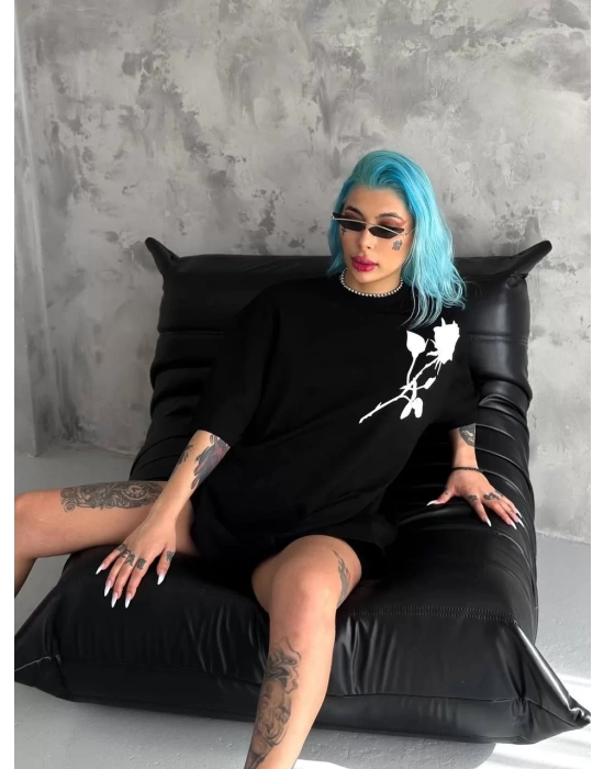 Unisex Bisiklet Yaka Baskılı Oversize T-Shirt - Siyah