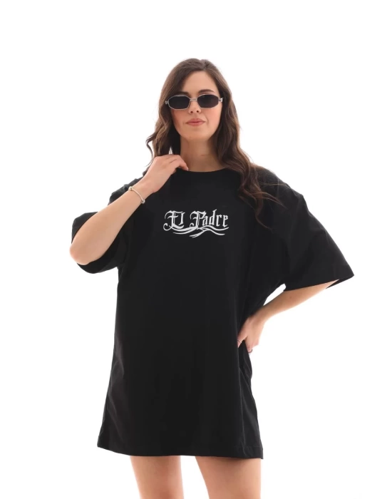 Unisex Bisiklet Yaka Baskılı Oversize T-Shirt - Siyah