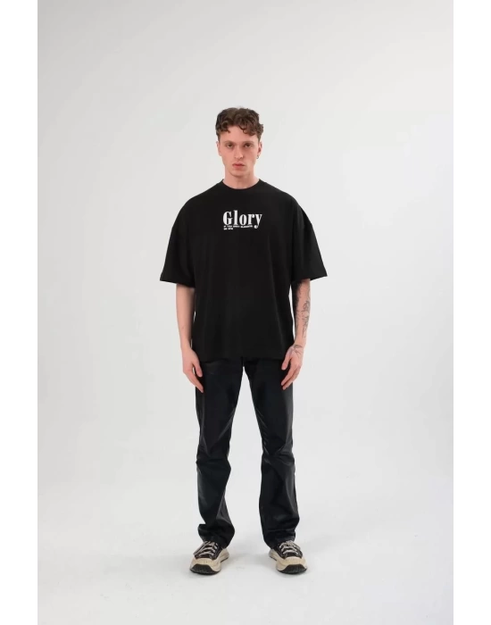 Unisex Bisiklet Yaka Baskılı Oversize T-Shirt - Siyah