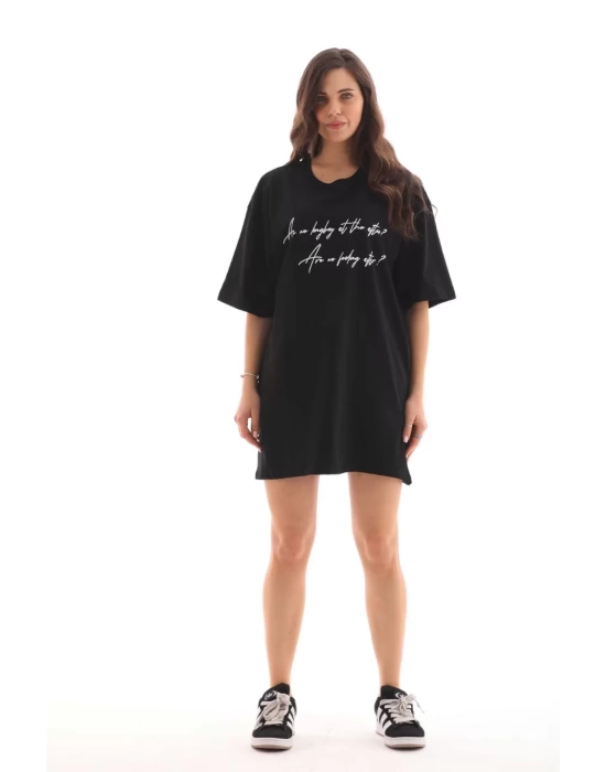 Unisex Bisiklet Yaka Baskılı Oversize T-Shirt - Siyah