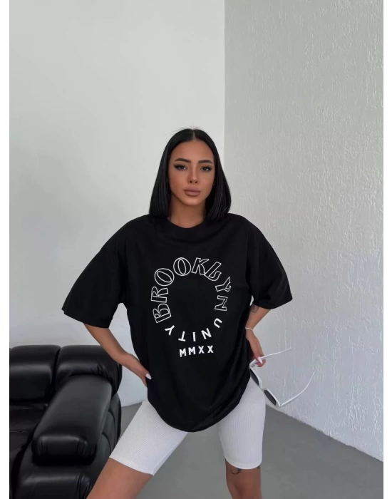 Unisex Bisiklet Yaka Baskılı Oversize T-Shirt - Siyah