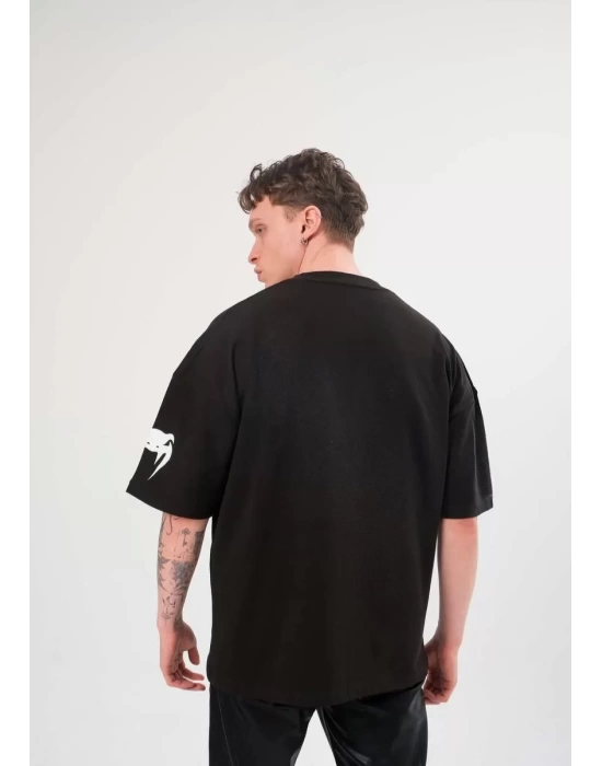 Unisex Bisiklet Yaka Baskılı Oversize T-Shirt - Siyah