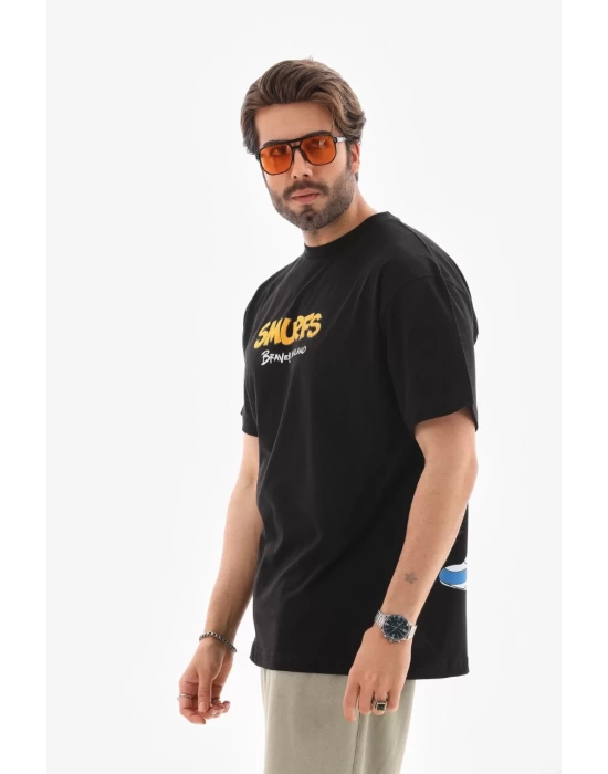 Unisex Bisiklet Yaka Baskılı Oversize T-Shirt - Siyah