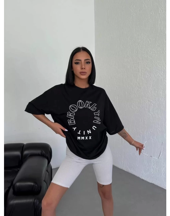 Unisex Bisiklet Yaka Baskılı Oversize T-Shirt - Siyah