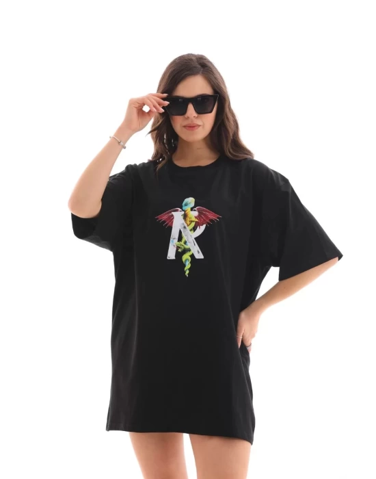 Unisex Bisiklet Yaka Baskılı Oversize T-Shirt - Siyah