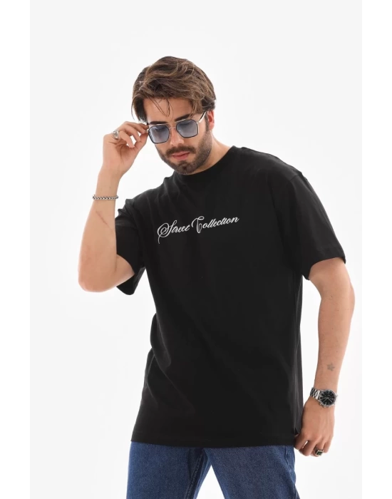 Unisex Bisiklet Yaka Baskılı Oversize T-Shirt - Siyah