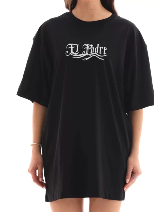 Unisex Bisiklet Yaka Baskılı Oversize T-Shirt - Siyah