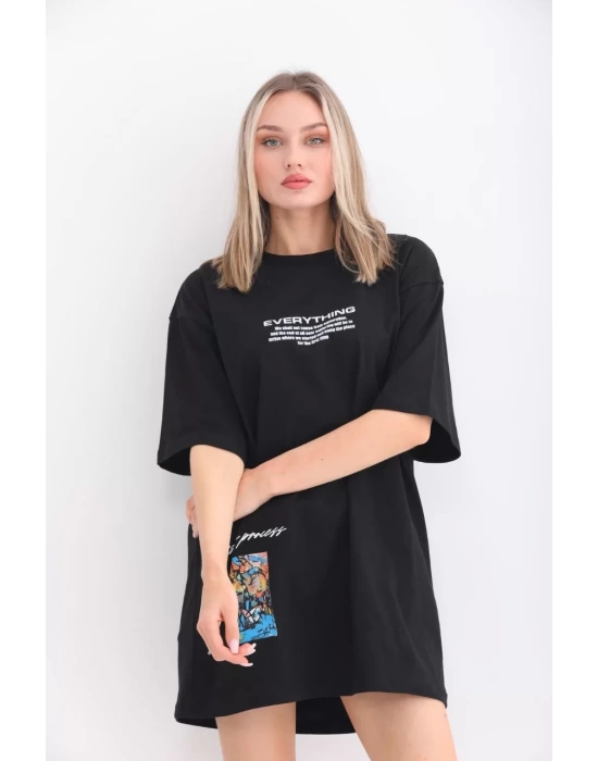 Unisex Bisiklet Yaka Baskılı Oversize T-Shirt - Siyah