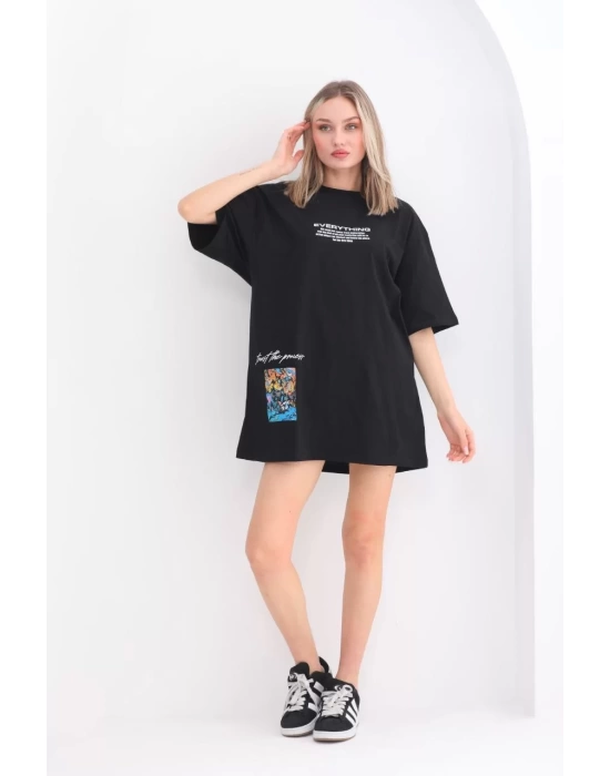 Unisex Bisiklet Yaka Baskılı Oversize T-Shirt - Siyah