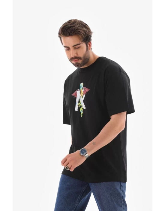 Unisex Bisiklet Yaka Baskılı Oversize T-Shirt - Siyah