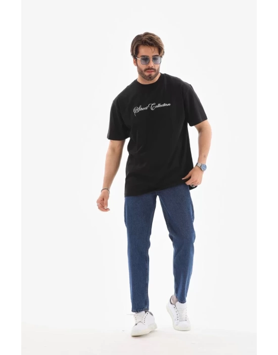 Unisex Bisiklet Yaka Baskılı Oversize T-Shirt - Siyah