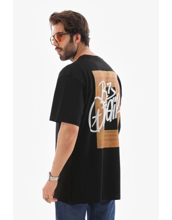 Unisex Bisiklet Yaka Baskılı Oversize T-Shirt - Siyah