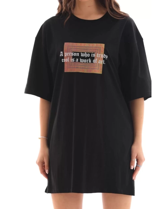 Unisex Bisiklet Yaka Baskılı Oversize T-Shirt - Siyah