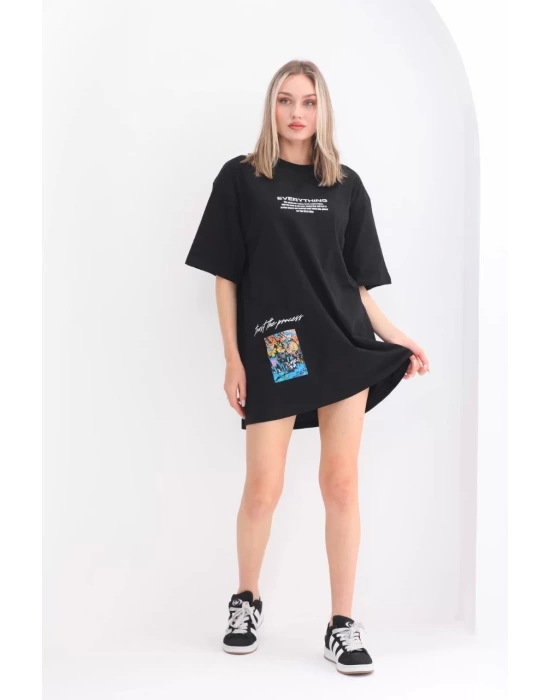 Unisex Bisiklet Yaka Baskılı Oversize T-Shirt - Siyah