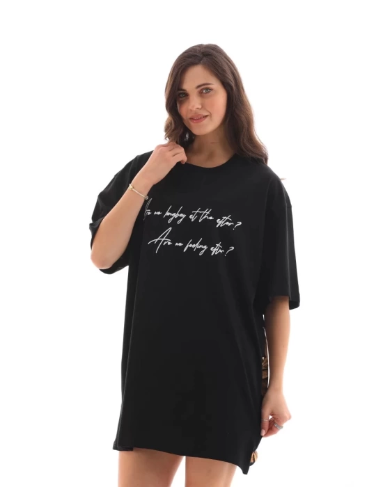 Unisex Bisiklet Yaka Baskılı Oversize T-Shirt - Siyah