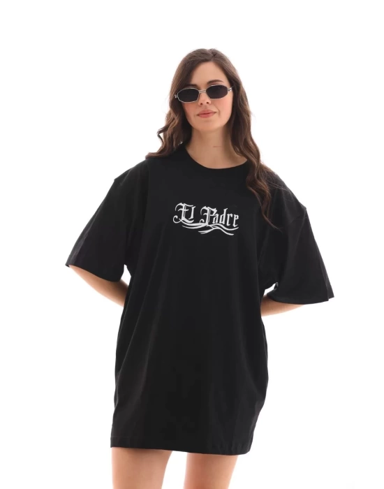 Unisex Bisiklet Yaka Baskılı Oversize T-Shirt - Siyah