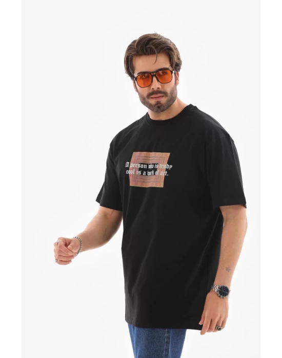 Unisex Bisiklet Yaka Baskılı Oversize T-Shirt - Siyah