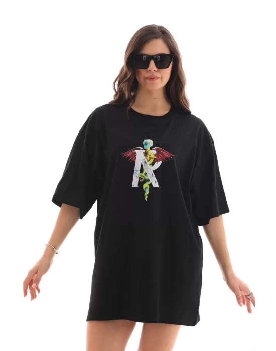 Unisex Bisiklet Yaka Baskılı Oversize T-Shirt - Siyah